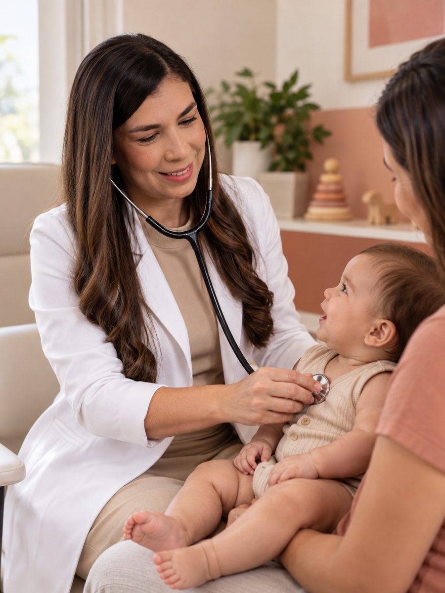 Dra. Leonoura Loiola Gomes auscultando um bebê no colo da mãe